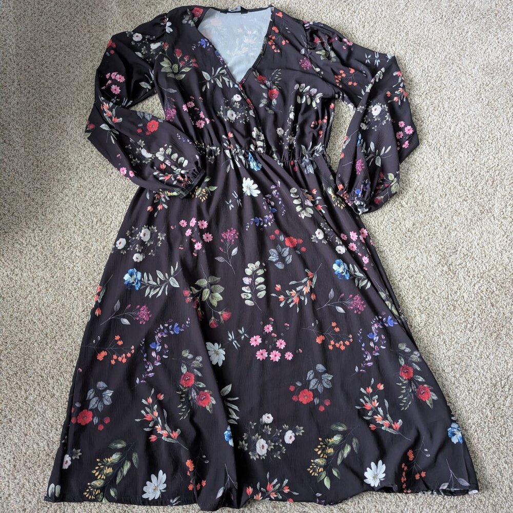 EUC Long Tall Sally Faux-wrap floral navy dress, US size 12